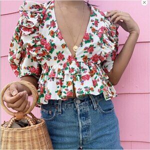 RHODE Elodie White Dazzle Floral Blouse Top